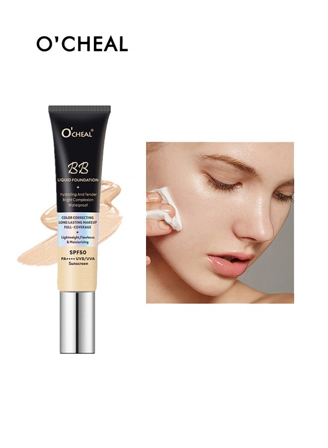 BB Liquid Foundation Color Correcting Long Lasting Makeup Full Coverage Lightweight, Flawless&Moisturizing Instant Age Rewind BB Cream Sunscreen SPF50PA++++ (02# Natural)