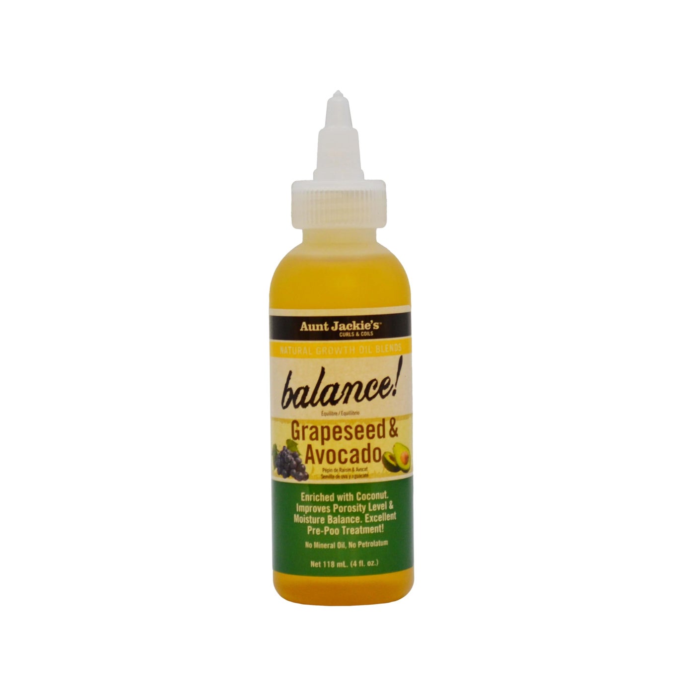 Aunt Jackie's Natural Growth Oil Blends Balance - Grapeseed and Avocado, Pre-Shampoo Treatment, Improves Porosity and Moisture Balance, 4 oz