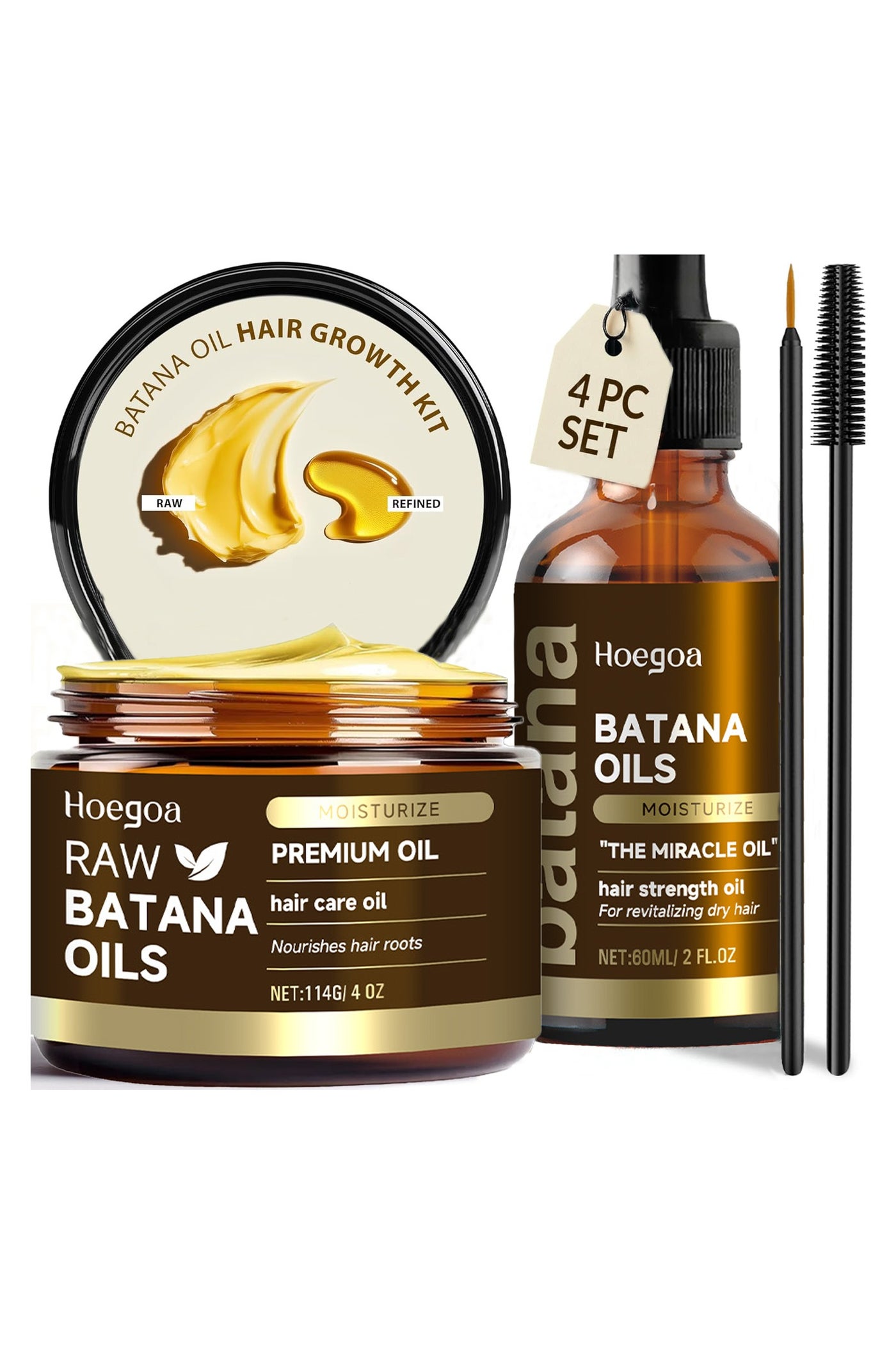 Batana Oil for Hair Growth, Multifunctional Essential Oil 4Pc Set: Raw Batana Oils, Paste, Lash Wand and Brow Brush for Scalp, Edges and Eyebrows, Repair Damaged Hair, 4oz+ 2fl oz