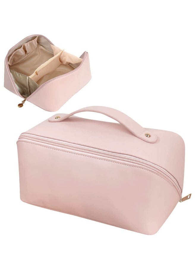 Large-Capacity Travel Cosmetic Bag Leather Makeup Bag Waterproof Portable Cosmetic Bag Multifunctional Storage Makeup Bag Travel Cosmetic Bag (Pink)