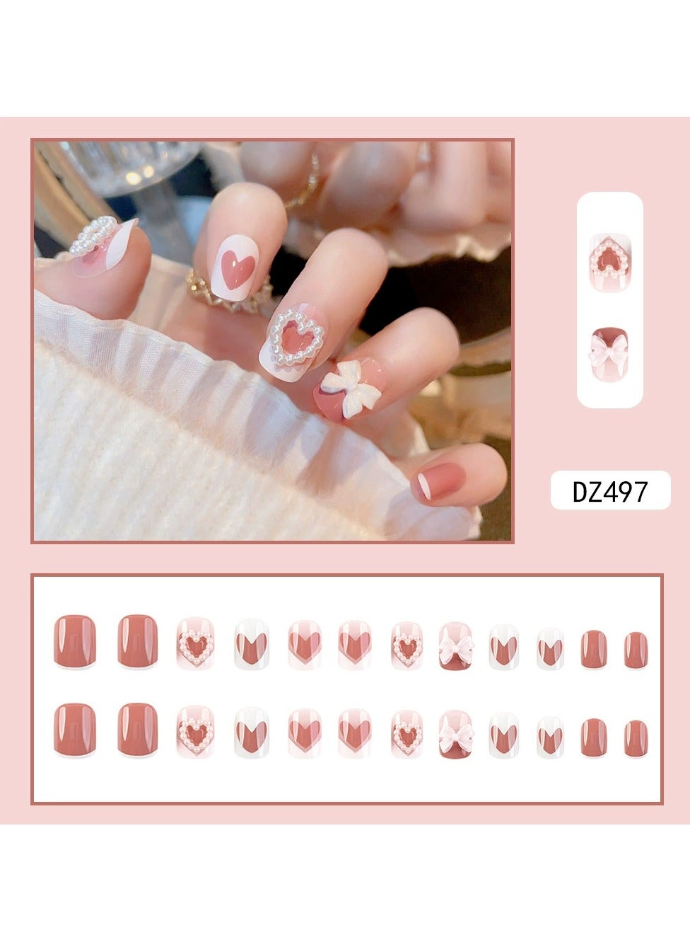 Fresh Style Press On Nails – Short Fake Nail Set with Pearl Heart Bow Design, 24pcs Reusable, Sweet Daily/Casual Wear