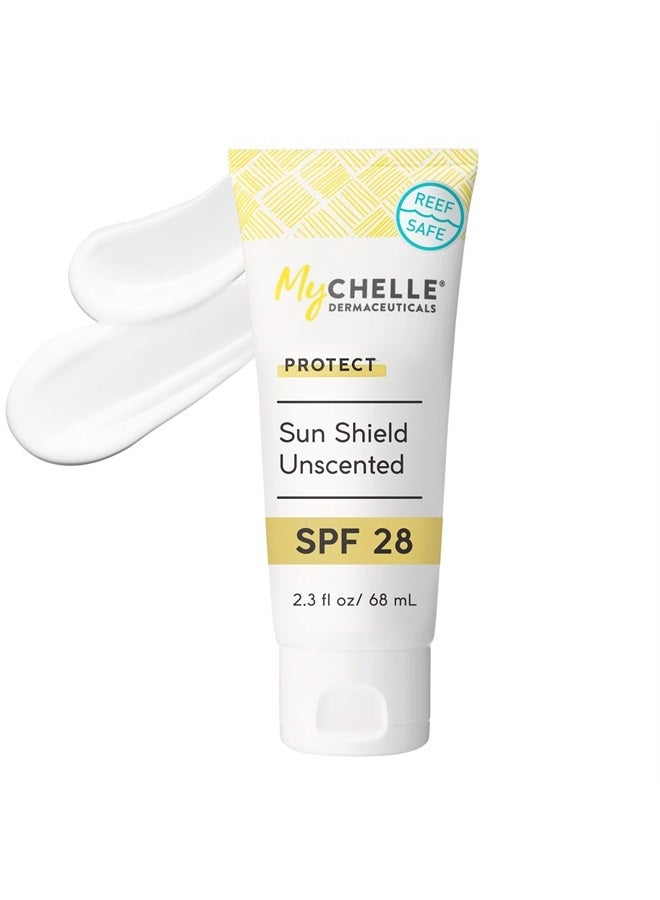 MyCHELLE Dermaceuticals Sun Shield SPF 28 Unscented (2.3 Fl Oz) - Soothing Reef Safe Sunscreen with Vitamin E and Aloe - Travel Size Zinc Sunscreen for Face and Body