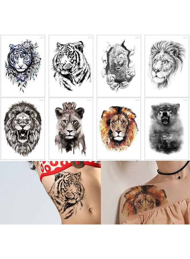 Glaryyears Tiger Lion Temporary Tattoo for Men Women Adults, 8-Pack Forest Animal Design Fake Tattoos Sticker, Water Transfer Long-lasting Realistic Tattoos for Body Arm Leg Chest Back
