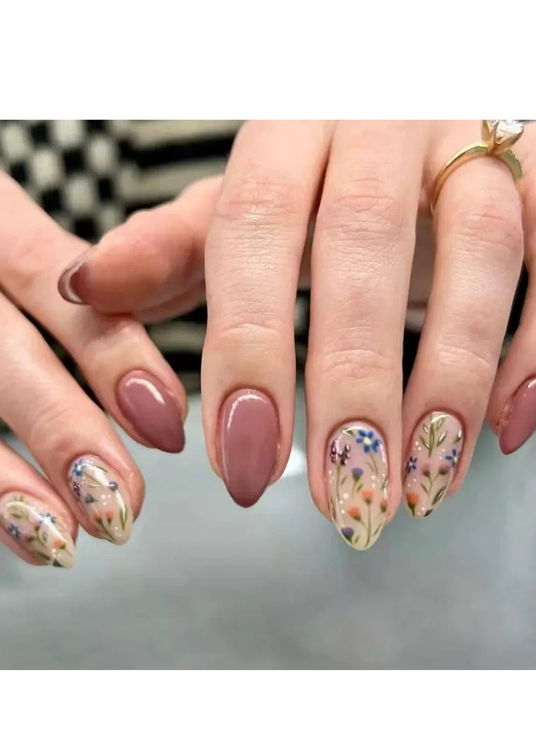 Press On Nails,30pcs,Reusable Short Almond Press-On Nails with Delicate Floral Decals: Removable Full Cover False Nails for a Quick and Easy, Fresh and Elegant Manicure Solution.Acrylic Nails With Glue Kit.