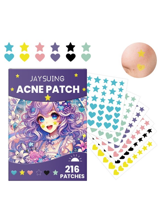 Acne Patch 216 Pcs, Hydrocolloid Acne Patches for Face, Colorful Star and love shape Pimple Spot Sticker with Hyaluronic Acid, Tea Tree Oil & Centella Oil for Covering Zits and Blemishes