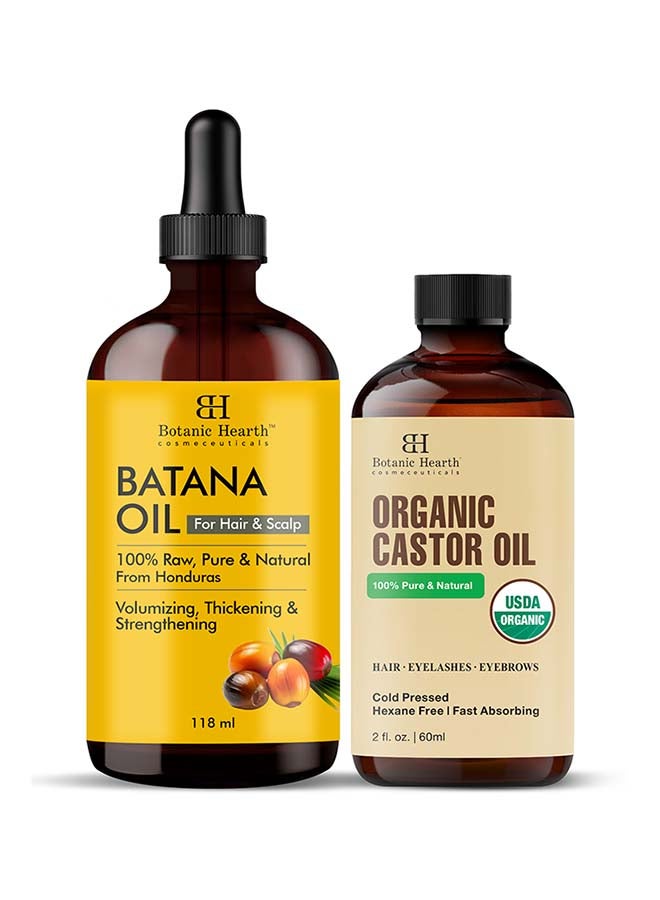 Pack Of 2, Organic Castor Oil 60 Ml, Usda Certified Organic,100% Pure And Hexane Free, With Eyebrow And Eyelash Brush And 118 Ml Raw Batana Oil For Hair Growth For Thicker, Stronger Hair
