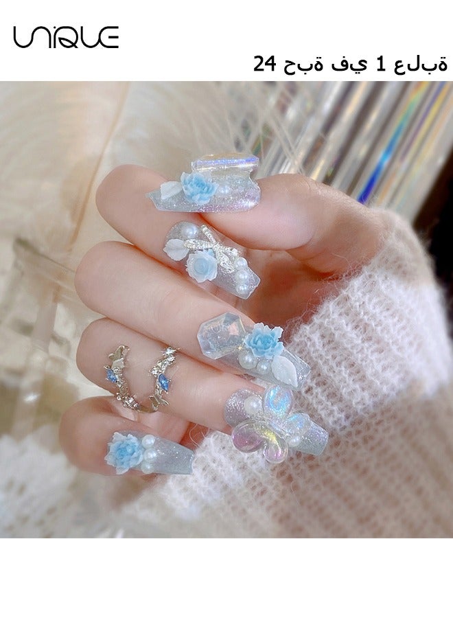 24Pcs Fake Nails, Press Nails, Mid-Almond Manicure - Sparkling Diamond Pearl Manicure - Gradient Blue Peony Butterfly Manicure - Fake Nail Patch
