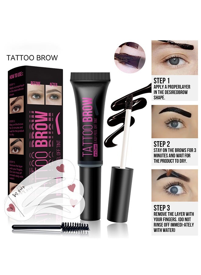 Tattoo Brow Tint Easy Peel Off Tint - Eyebrow Gel with Mascara Brush and Three Eyebrow Shapes Waterproof Sweatproof 3 Days Long Lasting Peel Off Tattoo Brow Gel Dark Gray #01