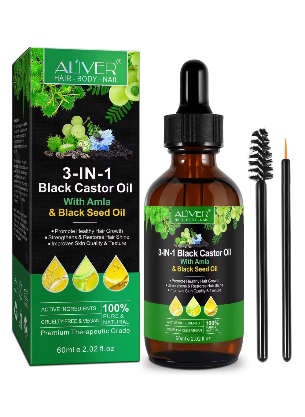 60ml 3 In 1 Black Castor Oil with Amla & Black Seed Oil for Hair Care Hair Conditioner Oil for Thin Hair Repair Damaged Hair Nourishes Thin Hair Scalp Skin and Loss Hair Growth Fit for All Hair Types Hair Oil