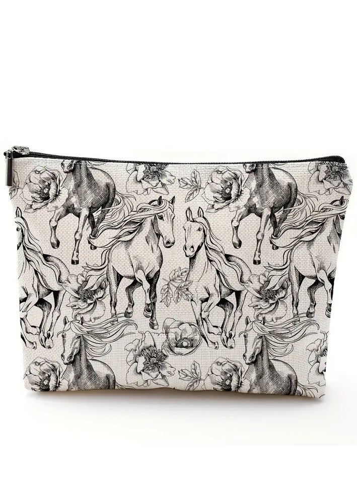 Horse Pattern Zippered Makeup Pouch - Multi-Use Organizer for Cosmetics, Stationery & Toiletries