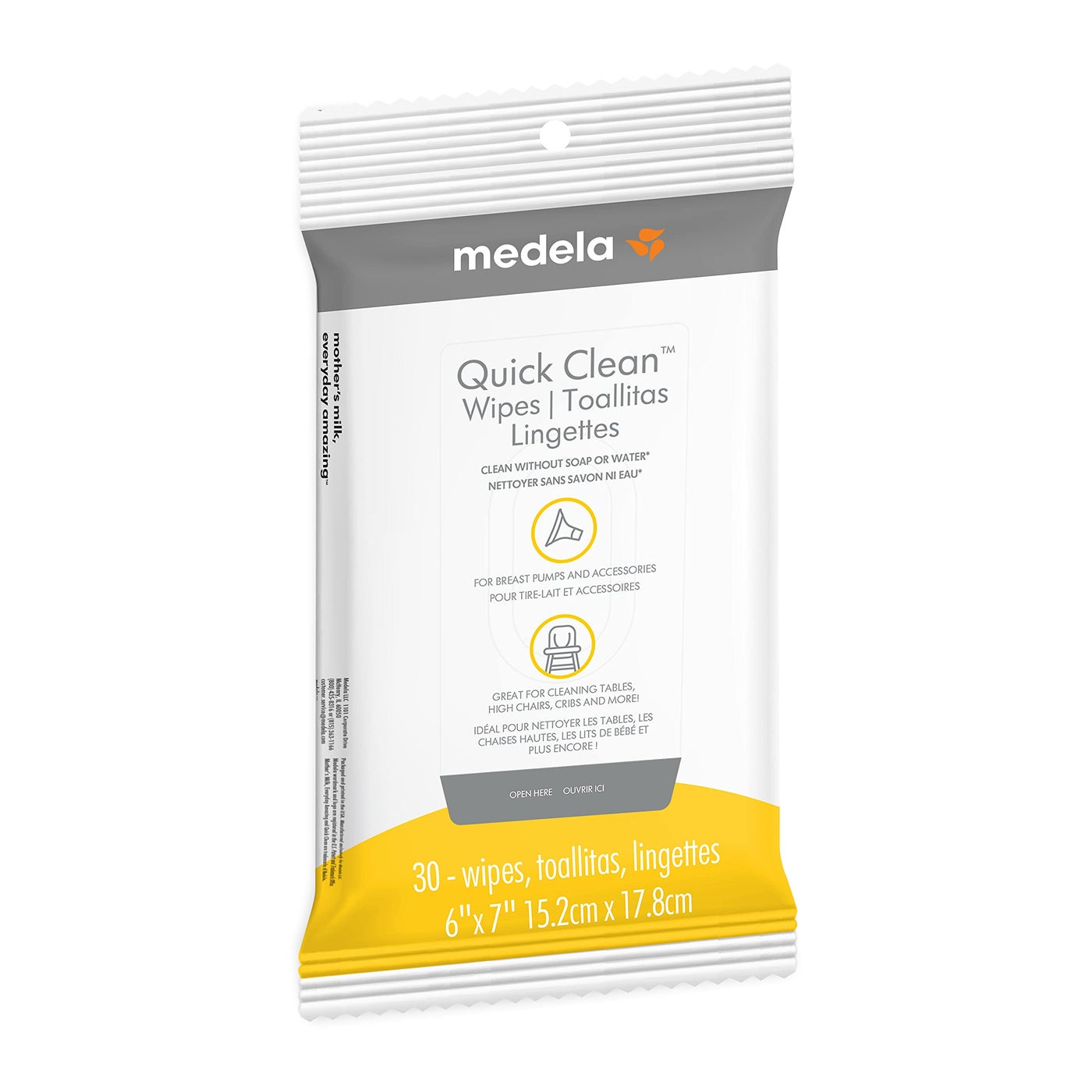 Medela Quick Clean Wipes for On-The-Go Cleaning of Breast Pumps, Accessories, and Various Surfaces, Plant-Based, Resealable, 1 Pack of 30