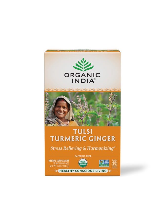 Tulsi Turmeric Ginger Tea Bags - Herbal Tea, Stress Relieving & Harmonizing, Immune Support, Healthy Inflammatory Response, Aids Digestion, Caffeine-Free - 18 Infusion Bags, 1 Pack
