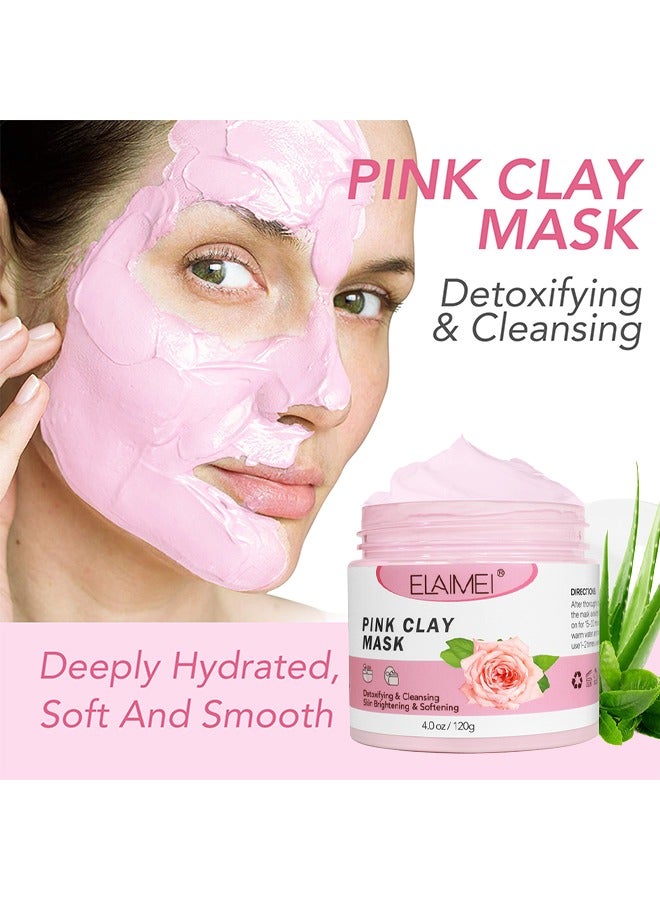 Pink Clay Mask - Rose Pink Clay Facial Mask, Anti Aging And Anti Acne Face Mask, Blackheads Remover And Pore Cleansing Facial Care Masks, For Deep Cleansing, Anti-Acne, Refining Pores Soothing And Brightening 120G
