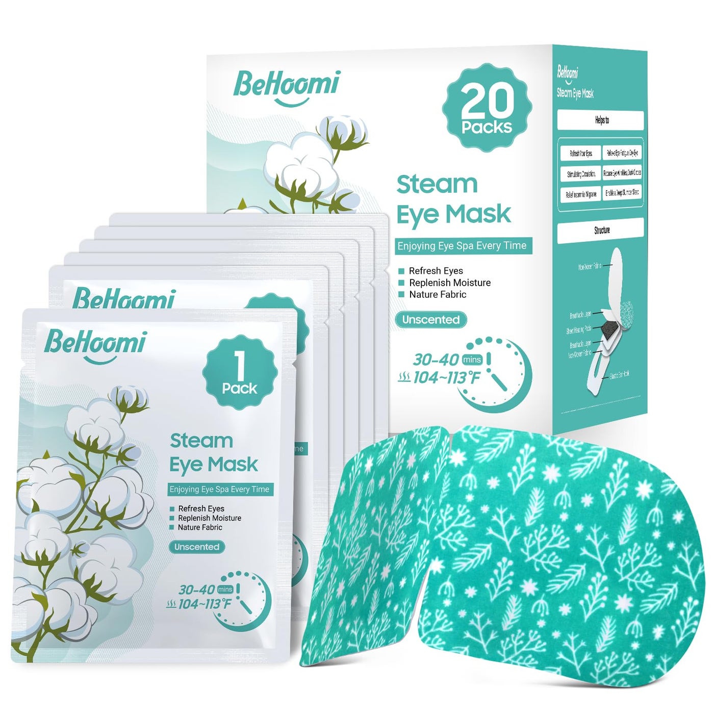 BeHoomi 20 Packs Steam Eye Mask, Heated Eye Mask Warm Compress for Eyes, Disposable Self Heating Steam Mask Sleep, Spa, Travel Essentials & Relaxation Gifts for Women, Stocking Stuffers (Unscented)