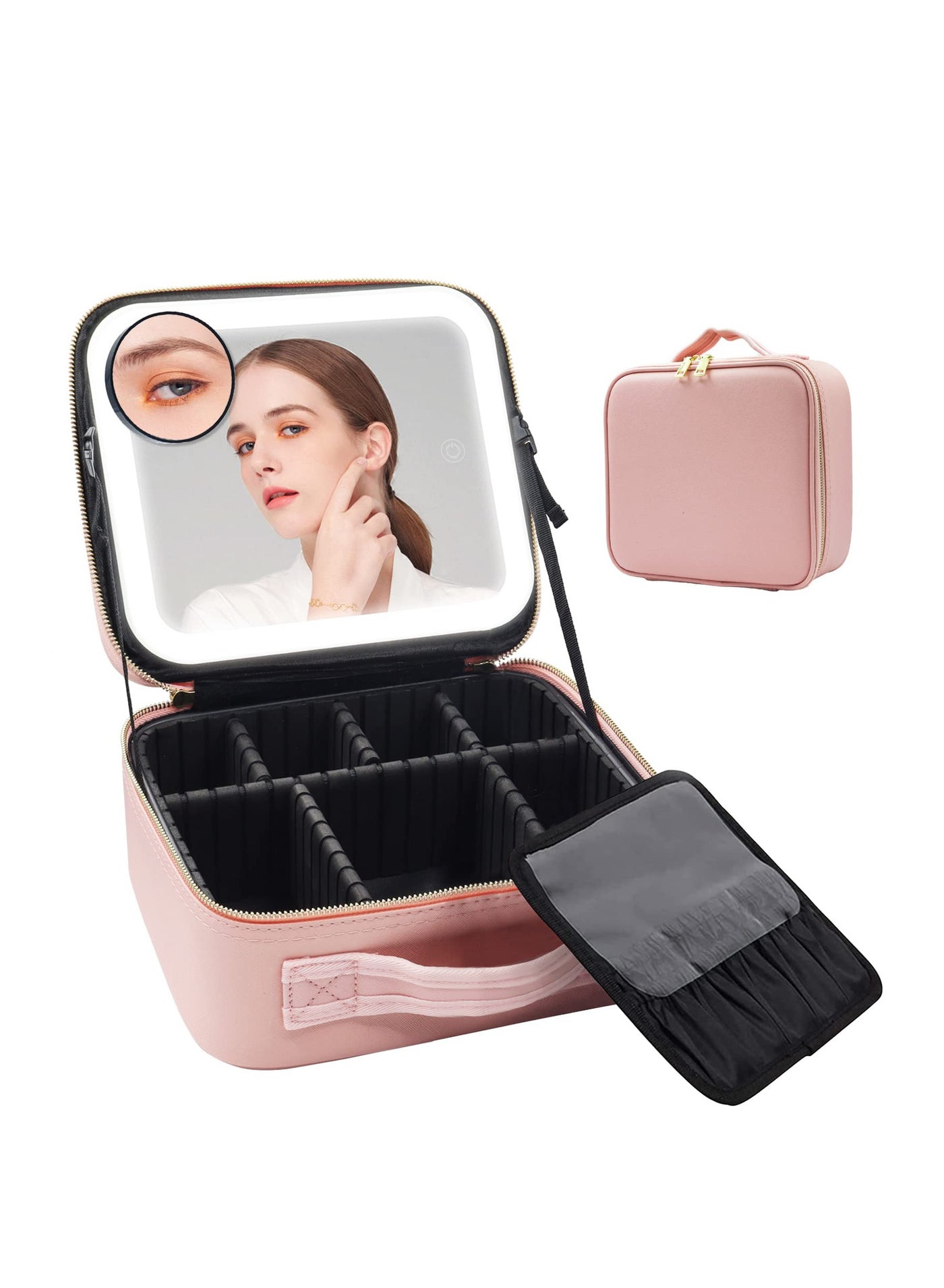 Cosmetic Bag with LED Lighted Mirror, Travel Makeup Train Case Cosmetic Bag Organiser, Cosmetic Bag with Mirror and Lights, with Adjustable Dividers, Pink