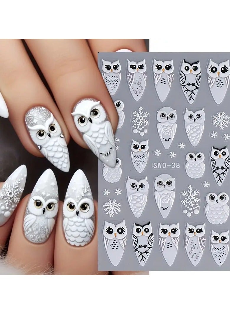 5D Embossed Owl Nail Art Stickers, White Snowflakes