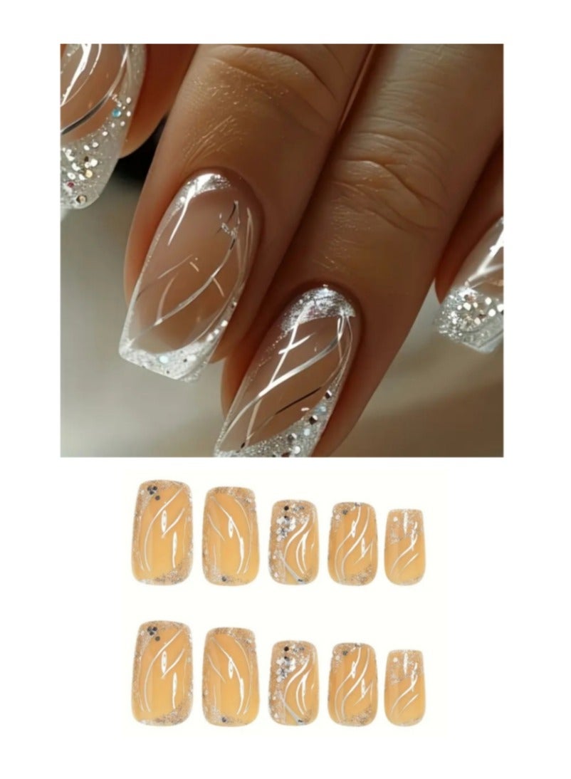 24 Piece Press On Nail,Fake Nails ,Fashionable And Elegant,Manicure Wearable Fake Nail Stickers Removable Finished Nail Accessories,Fake Acrylic Nails With Kit.
