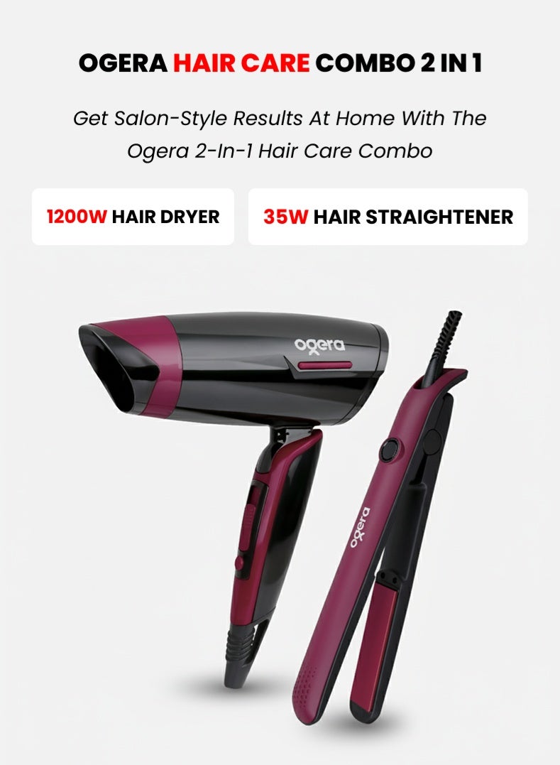 2-in-1 Hair Care Combo – 1200W Hair Dryer with 3 Heat Settings & Overheat Protection + 35W Ceramic Hair Straightener with Fast Heating & 200°C Temperature – Model OG2900HDS, Red & Black
