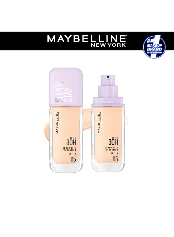 MAYBELLINE SUPER STAY LUMI-MATTE FOUNDATION 30H LONGWEAR, LIGHTWEIGHT, WATERPROOF, SWEATPROOF, HEATPROOF, STAY TRUE TO TONE ALL DAY, 115