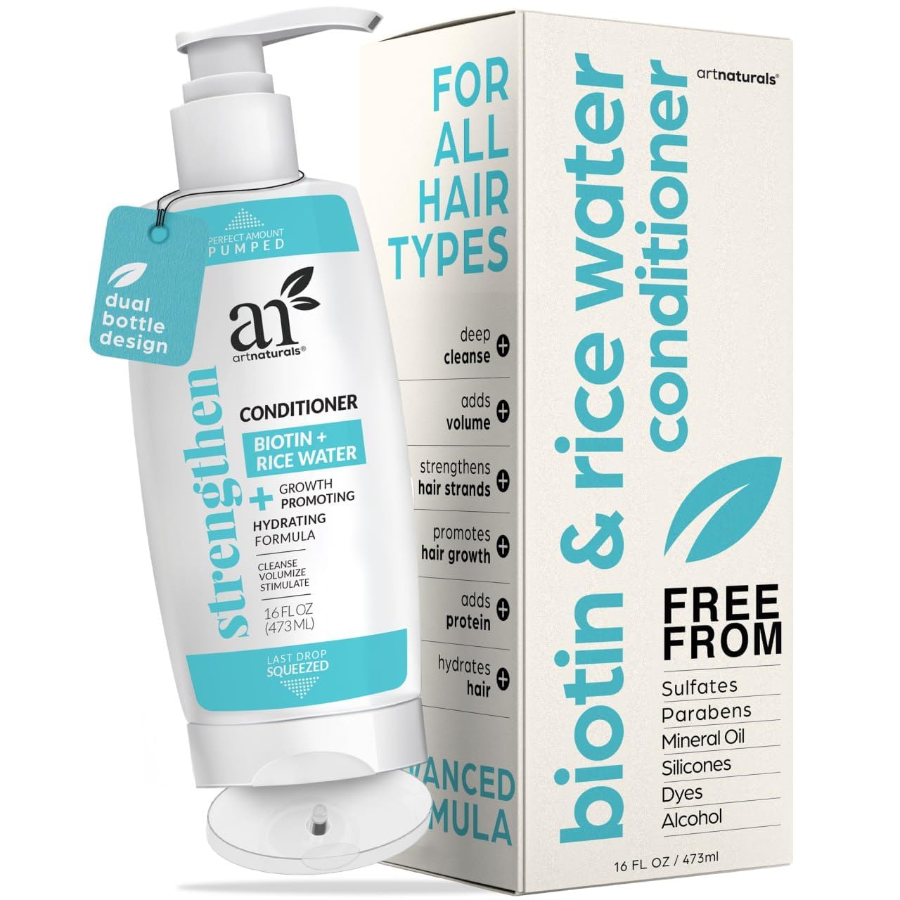 artnaturals RiceWater + Biotin Conditioner - (16 Fl Oz / 473ml) - Sulfate Free â€“ Dual Bottle - Made with Banana, Quinoa, and Coconut to Promote Strength, Shine, and Growth