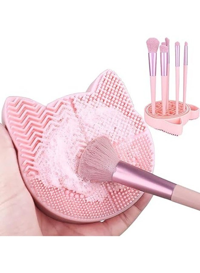 2 in 1 Design Makeup Brush Cleaning Mat with Brush Drying Holder, Silicon Cat Shaped Brush Cleaner Pad,Cosmetic Brush Organizer Rack, Portable Washing Tool for Makeup