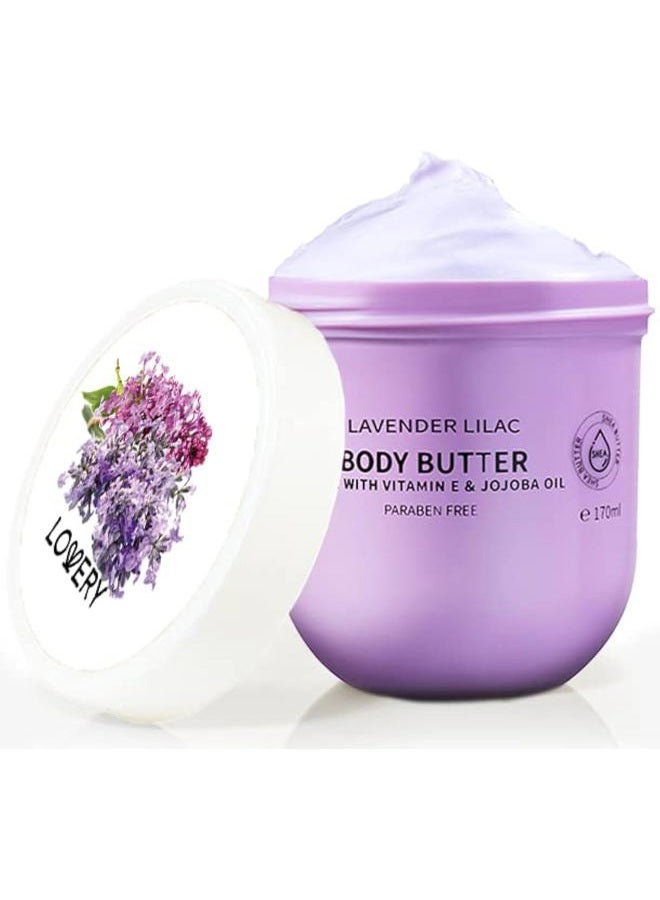 Lavender Lilac Body Butter - Shea Cream with Jojoba Oil & Vitamin E - Hydrating Natural Moisturizer for Hands - 5.74 Fl Oz