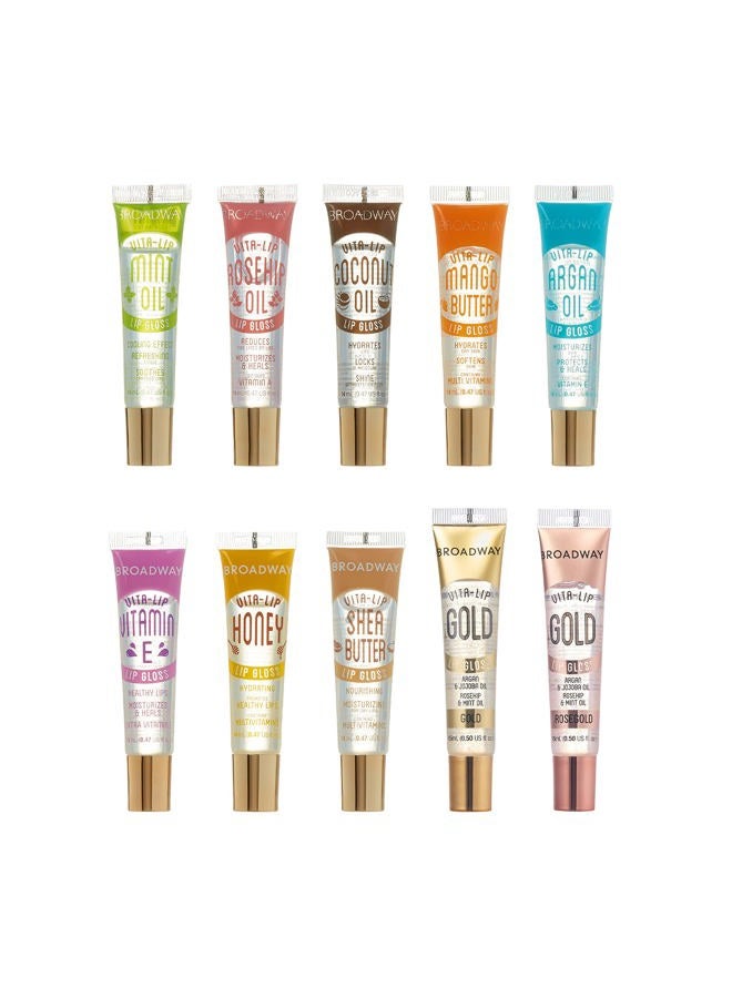 Broadway Vita-Lip Clear Lip Gloss (10 Pack), Ultra-Hydrating & Soothing Formula with Vitamins, High-Shine Non-Sticky Finish Lip Balm with Mint, Rosehip, Coconut, Mango, Argan, Honey, Shea