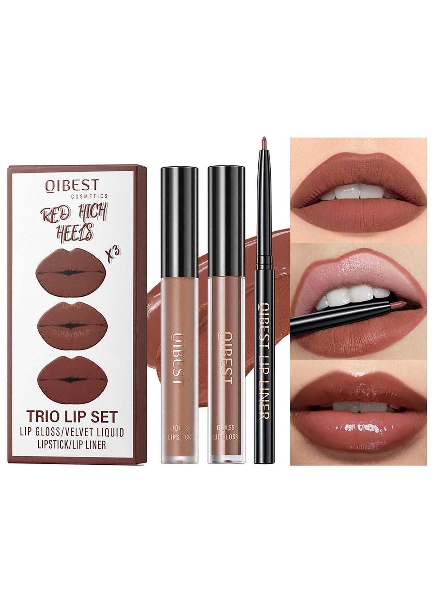 3 In 1 Lip Gloss Set With Matte Lipstick ,Moisturizing Lip Gloss And 2mm Lip Liner Liquid Lipstick Long Lasting Makeup Lip Plumping Lipstick Lipgloss Soft And Smooth Like Cream (01 - Sunset Encounter)
