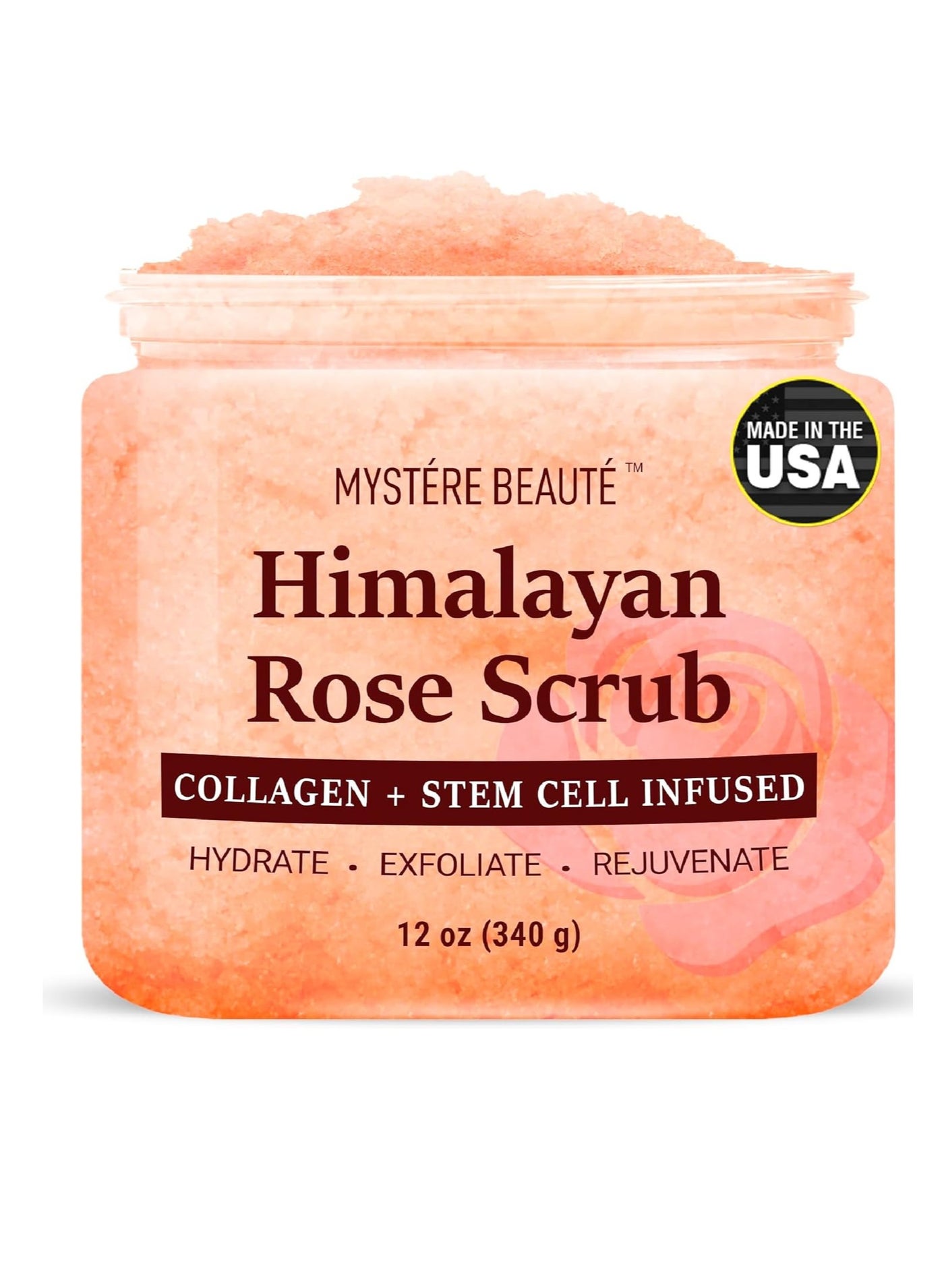Himalayan Rose Body Scrub 12 oz - with Collagen and Stem Cells - Exfoliating Salt Scrub for Cellulite - Deep Cleansing for Acne, Scars, Wrinkles - Moisturizes Skin
