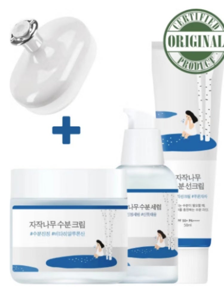 Dry & Dehydrated Skin Repair – Round Lab Birch Juice Serum + Moisturizing Cream + UV Lock SPF50 – Deep Hydration & Barrier Strengthening Set
