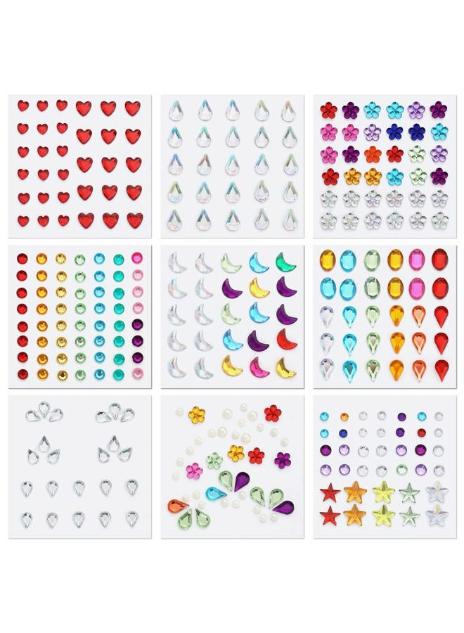 9 Sheets Festival Face Gems Stick on, Self-Adhesive Jewels Stickers Quick Dry Make Up Diamonds Rhinestones for Makeup, Nail Gems for Eye Arm Body Hair Craft Decoration Party (Multicolored)