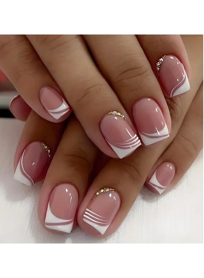 24pcs Glossy Pink Press On Nails with Rhinestone Accents and French White Edge Design - Full Coverage Nails for Women