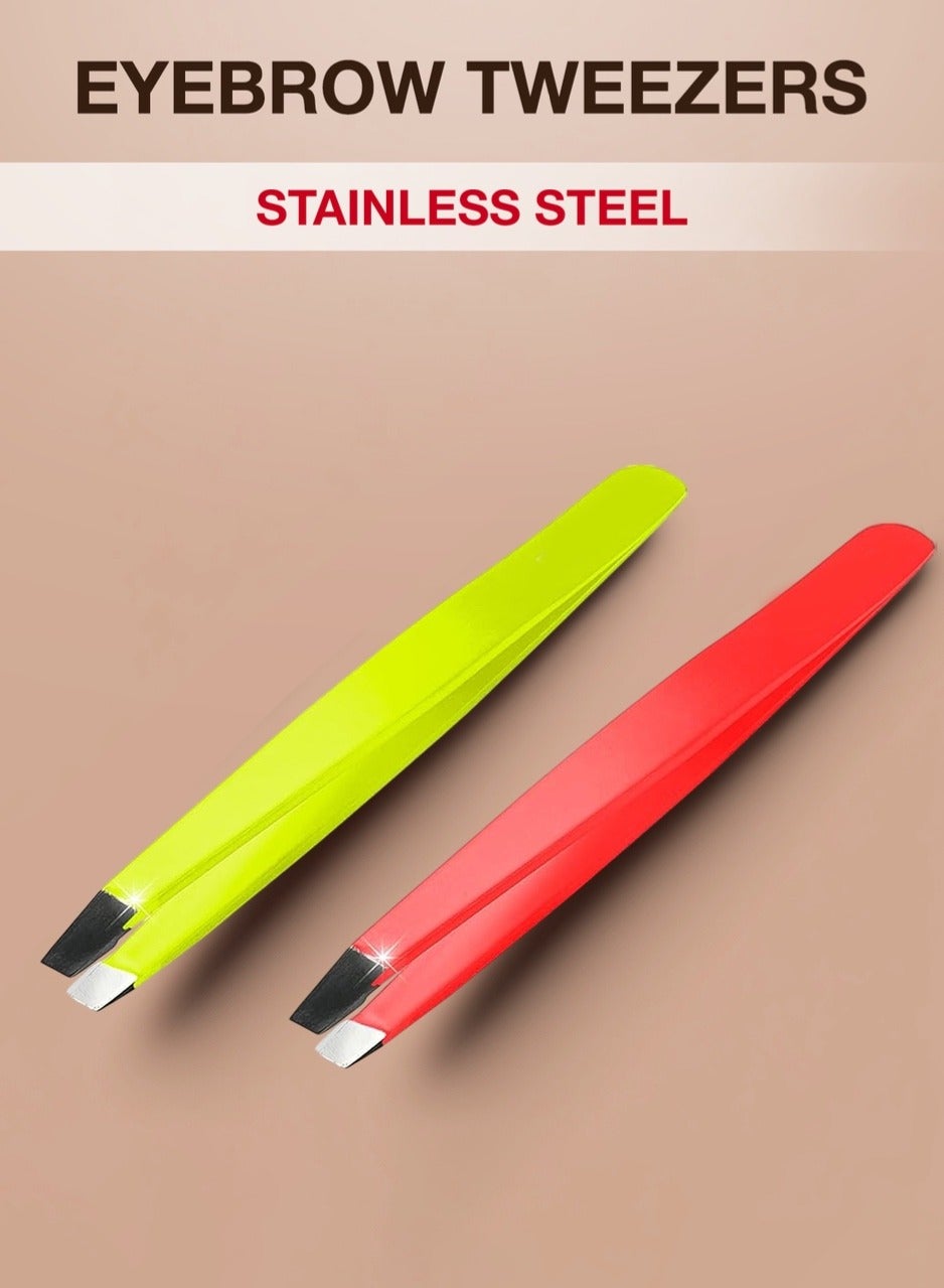 Flario Professional Eyebrow Tweezers, Tweezers for Men, Women and Children, with Angled Tip for Easy Plucking of Ingrown Hairs, Stainless Steel (Pink + Yellow)