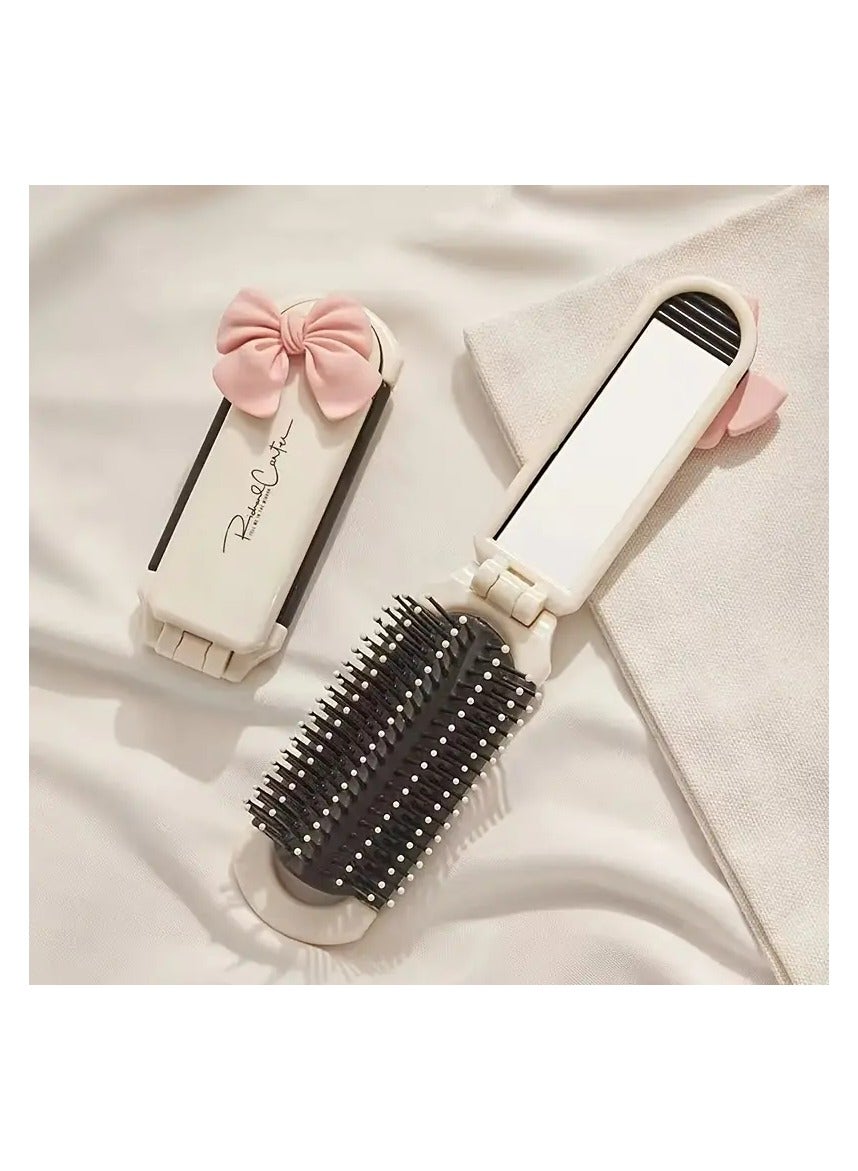 1pc Portable Hairbrush with Puff, Small Travel Size, Character Design, Painted Finish, No Fragrance, Foldable, Plastic Frame, Battery-Free, Desk Stand Mirror for Personal Makeup