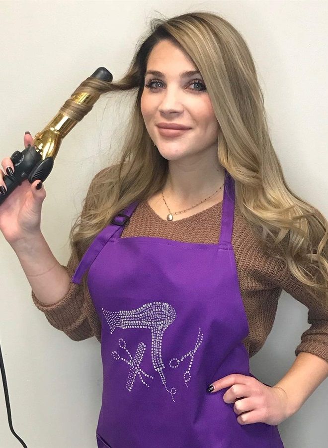 Hair Stylist Apron with Rhinestone Tools for Hairdresser, Cosmetologist or at Home Hair Cutting, 3 Pockets Adjustable Neck, Purple