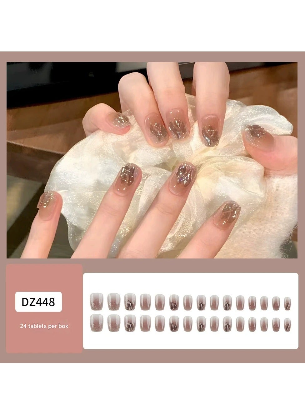 Press On Nails Gradient Ice Coffee – Full Rhinestone Glossy Nail Tips 30pcs Sizing Set, Reusable, Sparkling Party/Formal Wear