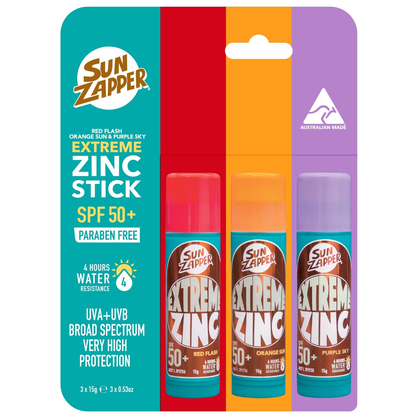 Sun Zapper Extreme Zinc Stick Triple Pack â€“ SPF 50+ Water Resistant Sunscreen â€“ Red, Orange, Purple â€“ 15g Each â€“ Made in Australia