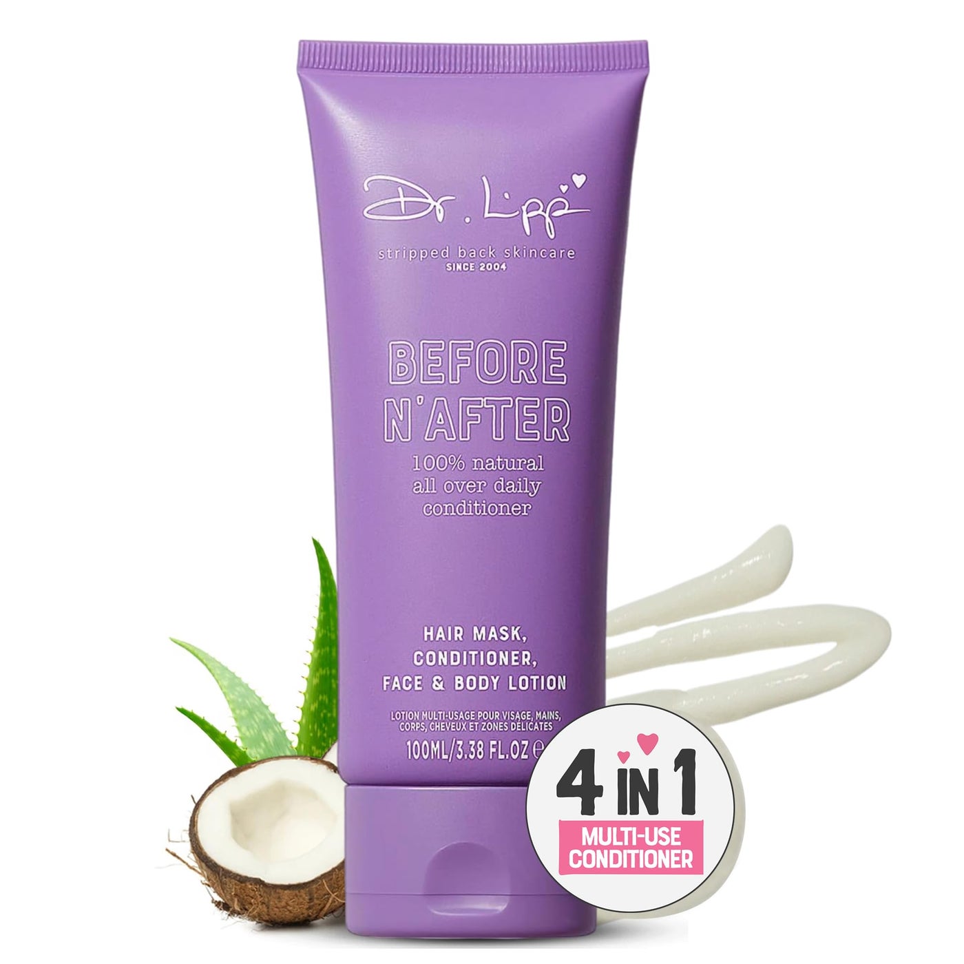 DR. LIPP Before N' After 100ml â€“ 4-in-ONE Moisturizing Body Lotion, Face Lotion, Hair Conditioner & Mask â€“ 100% Natural Aloe Vera & Coconut Oil â€“ Travel Size, Non-Greasy, Vegetarian & Fragrance Free