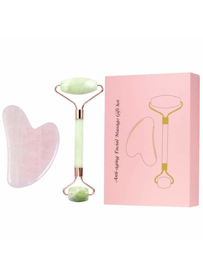 Natural Crystal Jade Roller and Gua Sha Scraping Set Massager Tool for Anti Aging Beauty Neck Body Reduce Wrinkles Facial Massager Therapy Xiuyan Jade and Rose Quartz Crystal Stone