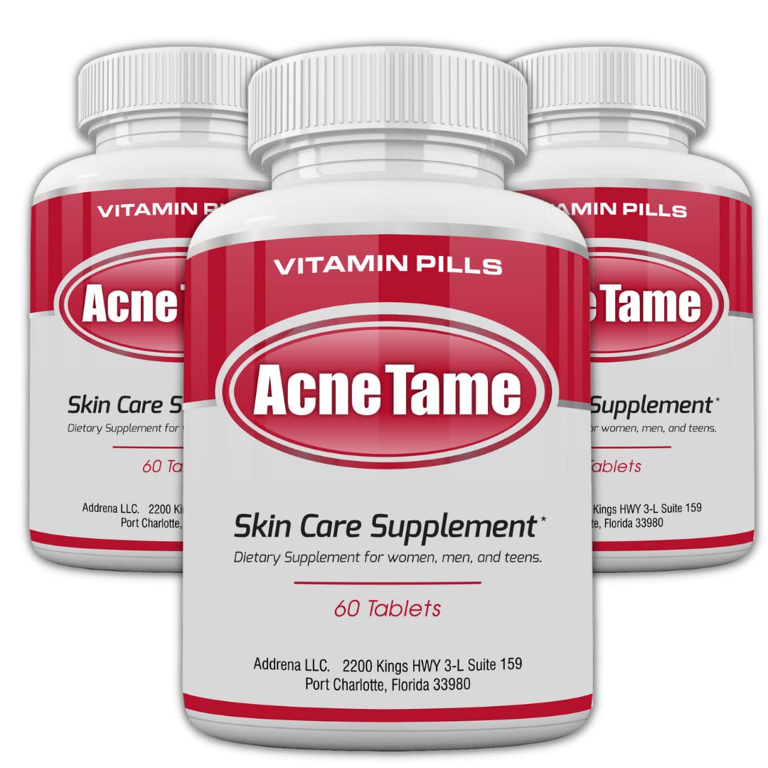 Acnetame Acne Pills- Acne Tame 3 Pack Supplement- Clear Skin Vitamins Pill for Oily Skin Treatment, Hormonal Blemishes, Spots & Cystic Acnes Supplements for Women, Men, Teens & Adults- 180 Tablets