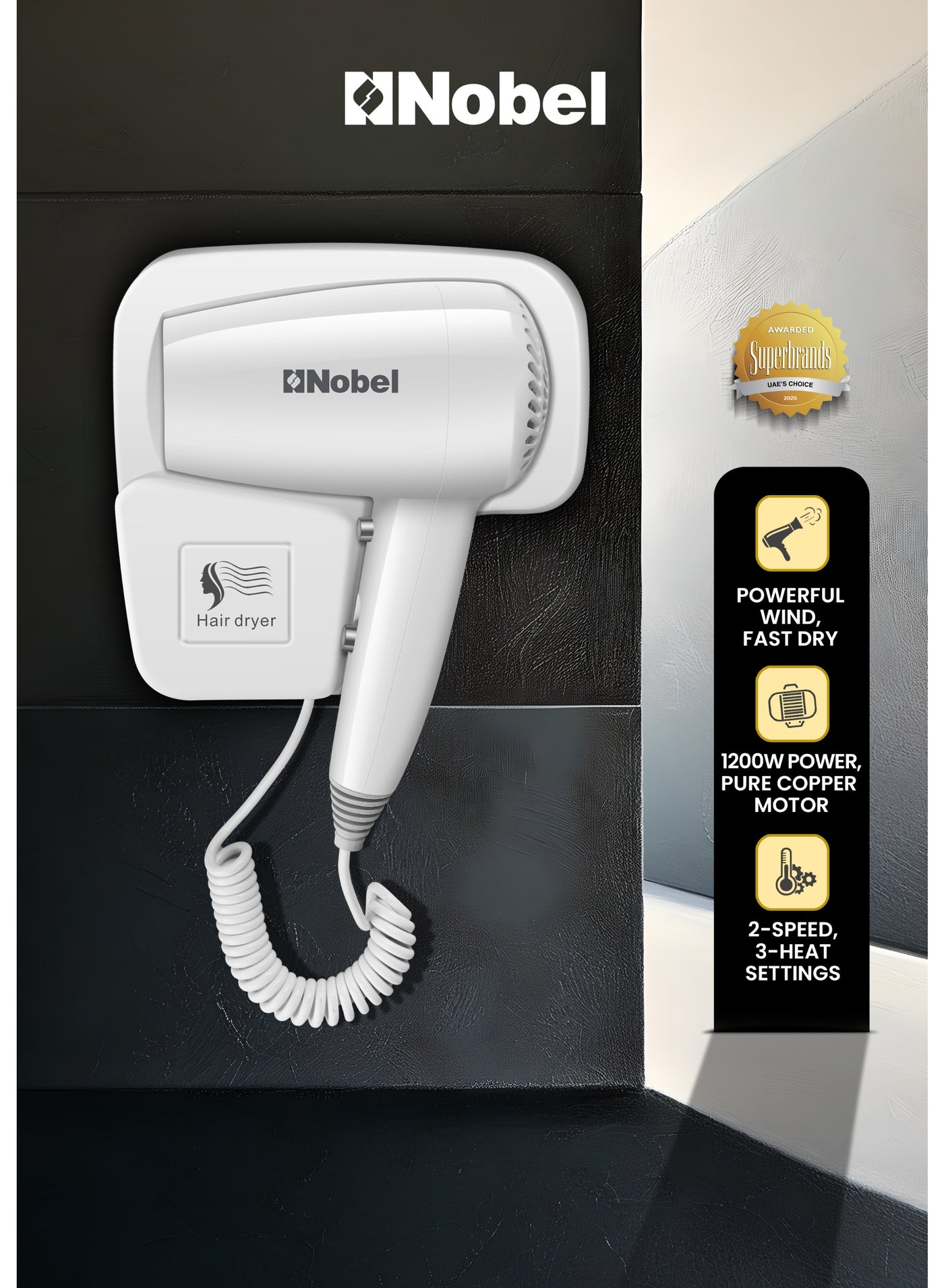 Nobel Hair Dryer 200W with Pure Copper DC Motor Fast Drying, Overheat Protection, Cool Button, Multiple Speeds & Heat Settings NHDW1250