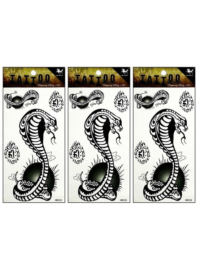 ONCEX 3 Sheets Black cobra Temporary Tattoos Women Men Art Waterproof Stickers Cobra Snake Cartoon Designs Body Arms Legs Shoulder or Back Tattoo Fake 3D Removable