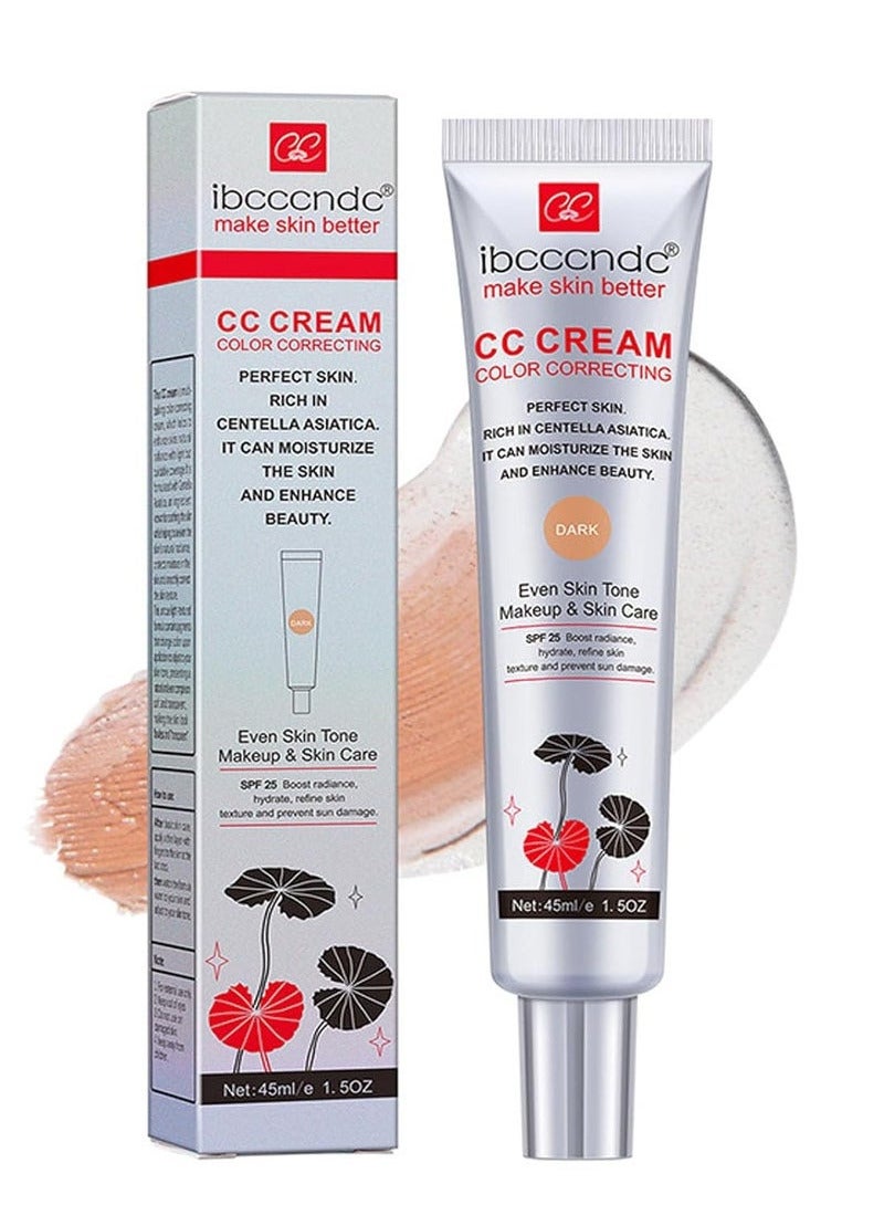 CC Cream with Centella Asiatica for Colour Correction, Full Coverage Foundation with SPF 25, Even Skin Tone Makeup & Skin Care, Long-Lasting Moisturising Concealer, Dark 45 ml