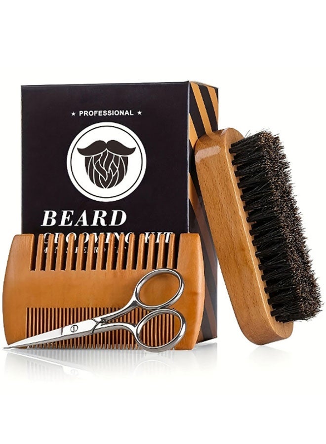Beard Grooming Kit for Men Natural Boar Bristle Brush Dual Sided Beard Comb Beard Scissors and Care Essentials Set