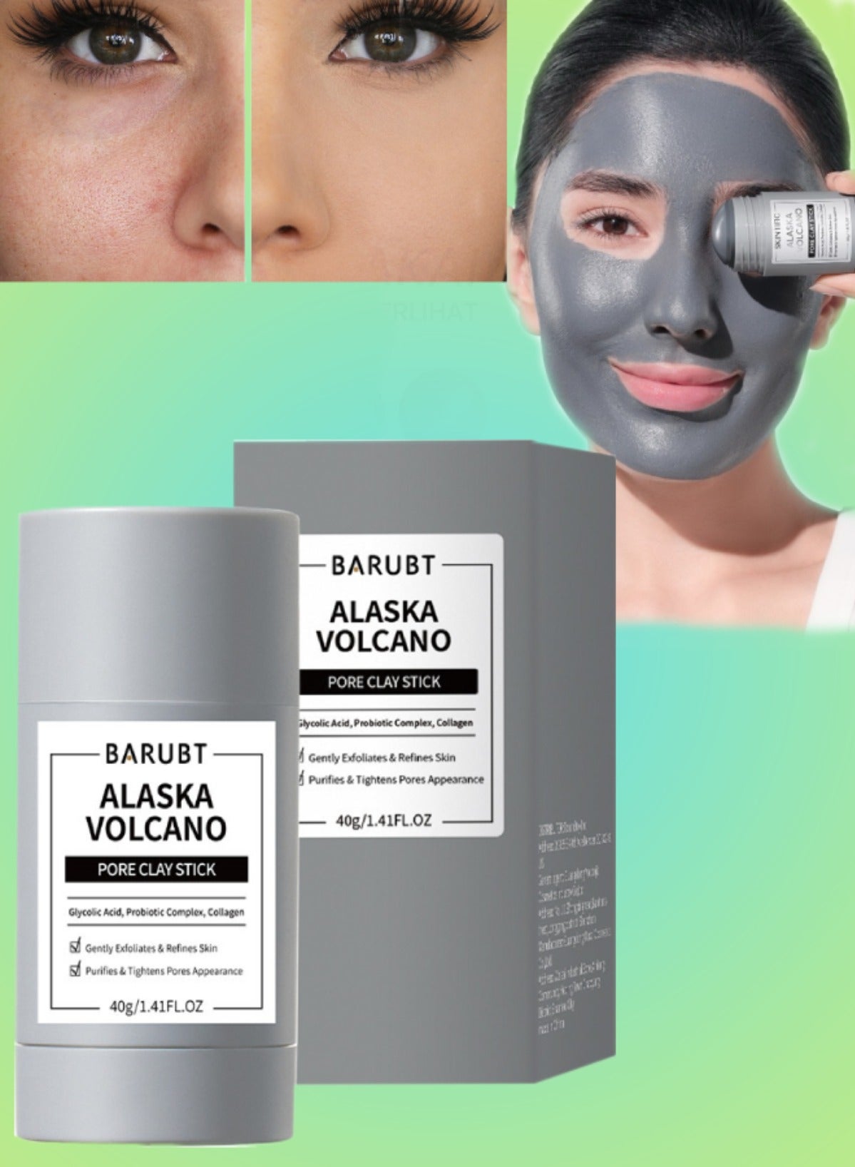 Alaska Volcano Pore Clay Stick Gently Exfoliates Purifies and Tightens Pores Appearance Face Cleansing Reduce Acne and Minimize Pores Remove Pimple Face Clay Mask with Glycolic Acid Collagen Face Stick Mask 40g