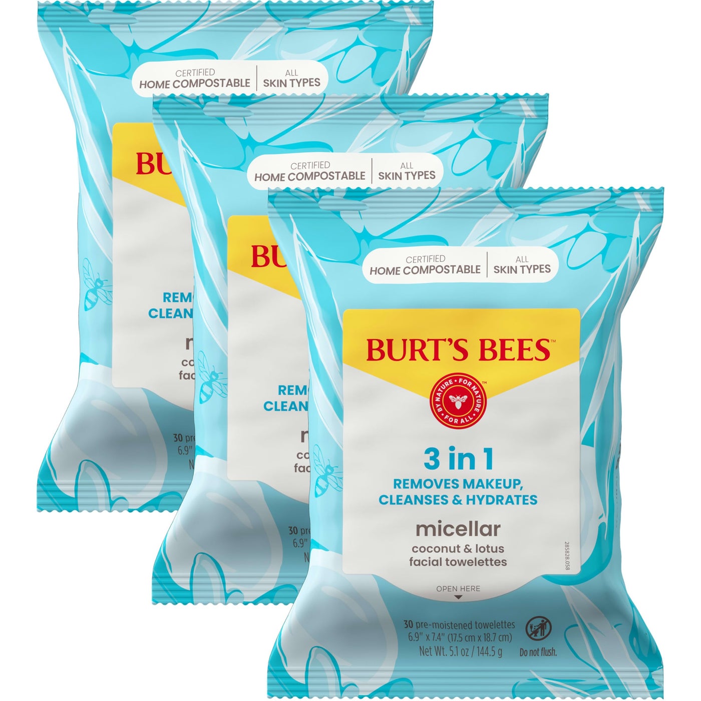 Burt's Bees Stocking Stuffers, Coconut & Lotus Face Wipes, for All Skin Types, Micellar Makeup Remover & Facial Cleansing Towelettes, Skin Care Christmas Gifts, 30 Ct. (3-Pack)