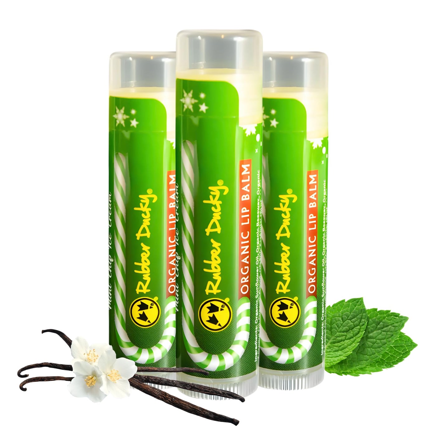 Rubber Ducky - Lip Balm, Candy Cane Vanilla Mint Flavor - Organic & Minty Moisturizer for Dry & Chapped Lips, Christmas Stocking Stuffer & Winter Holiday Gifts, Natural Lip Hydration (3-PACK)