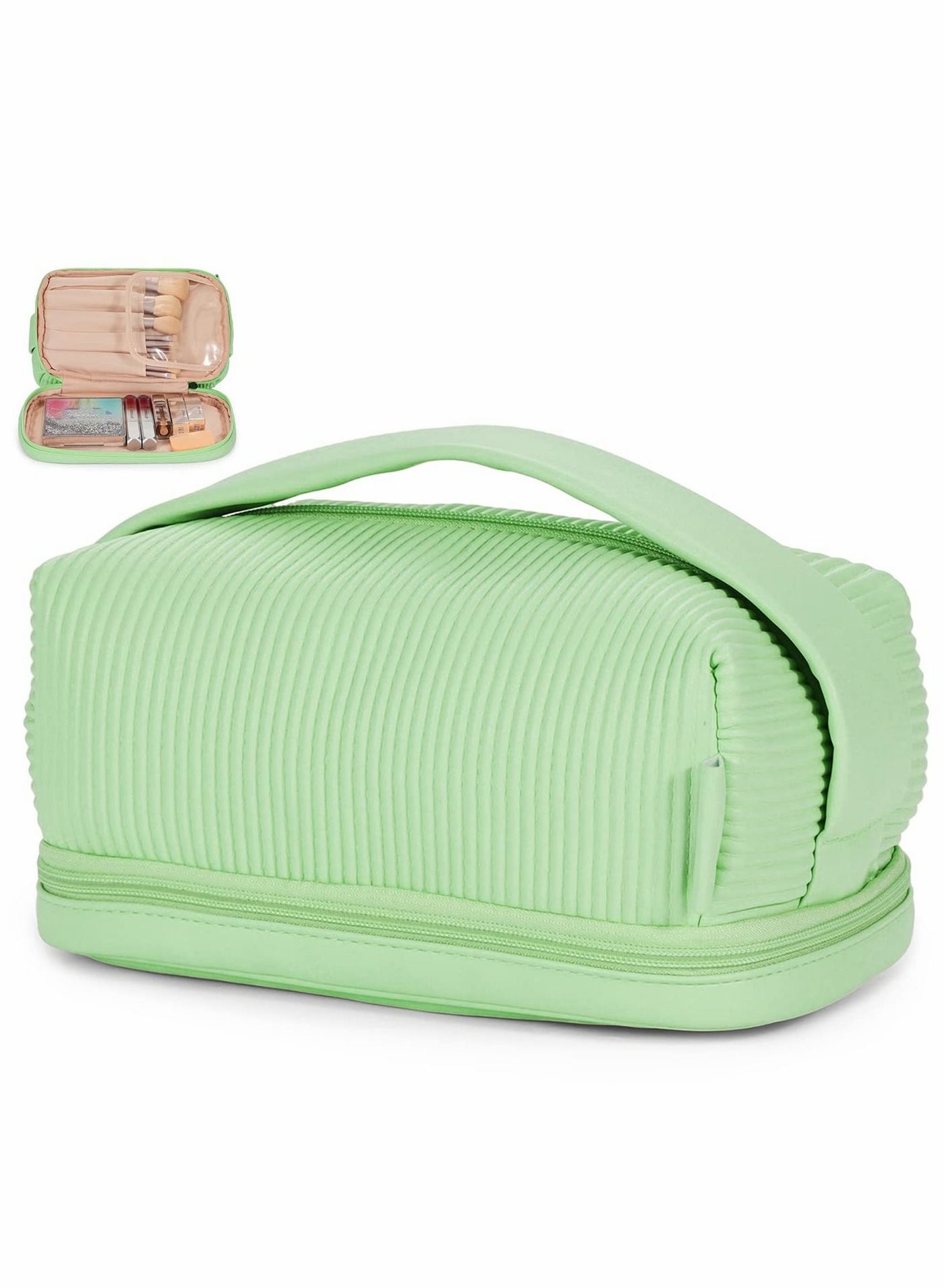 Travel Makeup Bag, Cosmetic Bag Make Up Organizer Case, Large Wide-open Pouch for Women Purse Toiletries Accessories Brushes (Green)