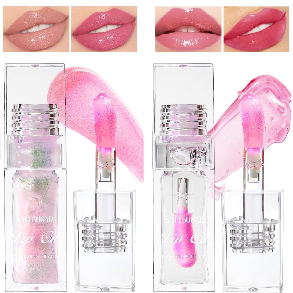 Ginaday 2 Pcs Magic Color Changing Lip Oil,Moisturizing Non-Sticky Tinted Fresh Texture Lip Glow Oil. (Color Changing & Pearlescent)