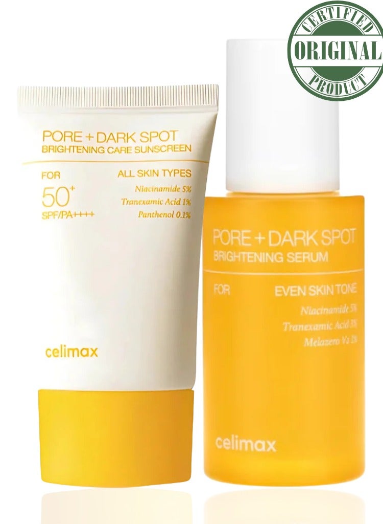 Pores & Dark Spots Treatment – celimax Pore + Dark Spot Brightening Serum & Brightening Care Sunscreen SPF50+ | Daily Routine for Clearer, Even-Toned Skin
